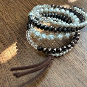 Chico’s Wrap bracelet, wire with pearls, copper colored beads, leather